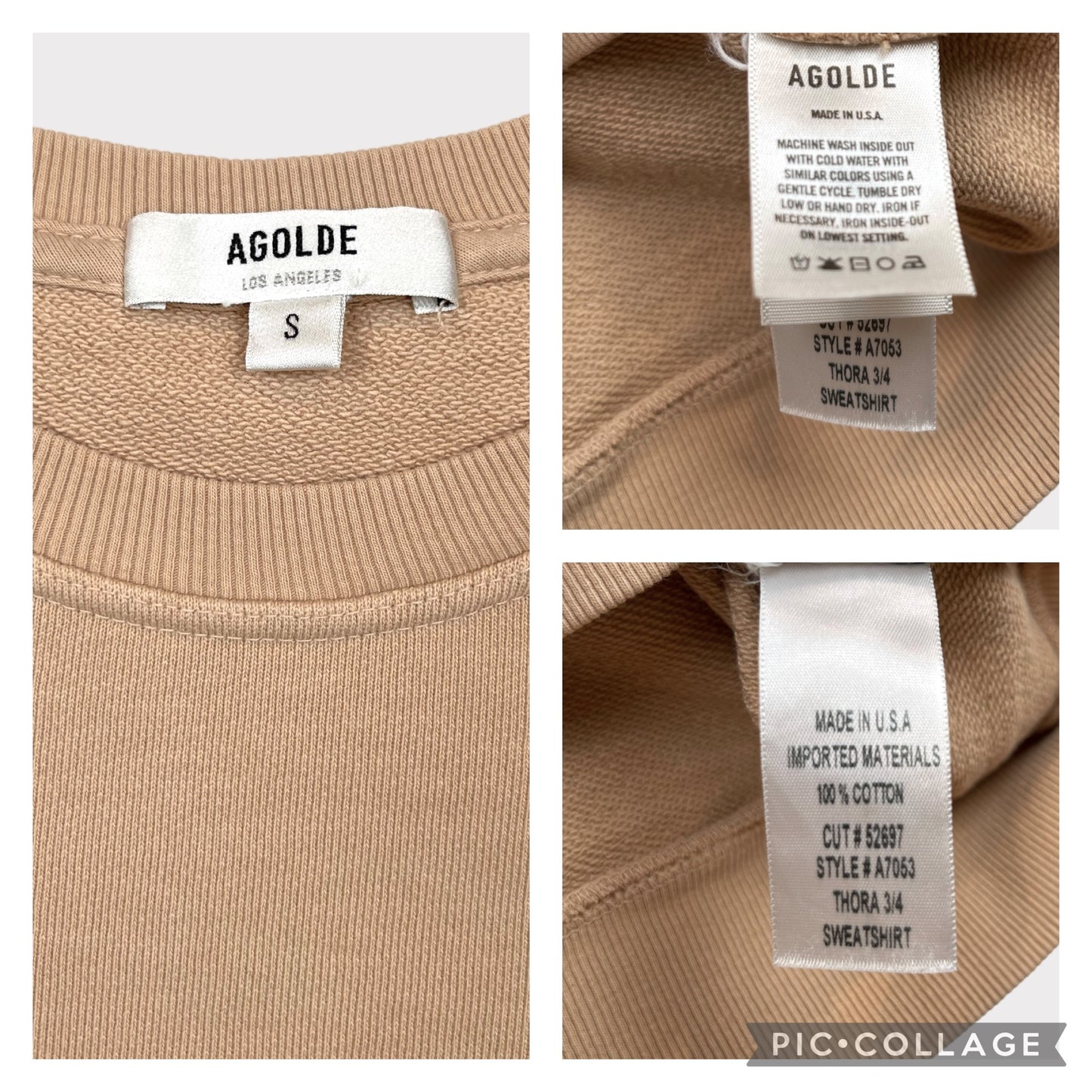 AGOLDE Thora 3/4 Puffed Sleeve Crewneck Sweatshirt in Tan Women's Size Small