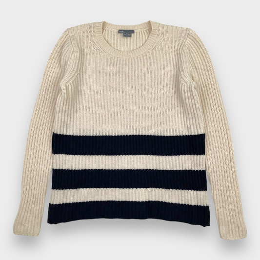 VINCE Color Block Stripe Cream Navy Crewneck Wool Knit Sweater Women's Size Small