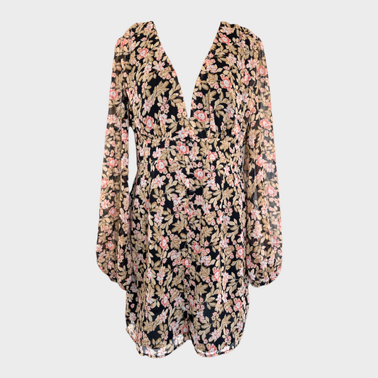 Minivestido ajustado de manga larga con cuello en V floral de Nasty Gal