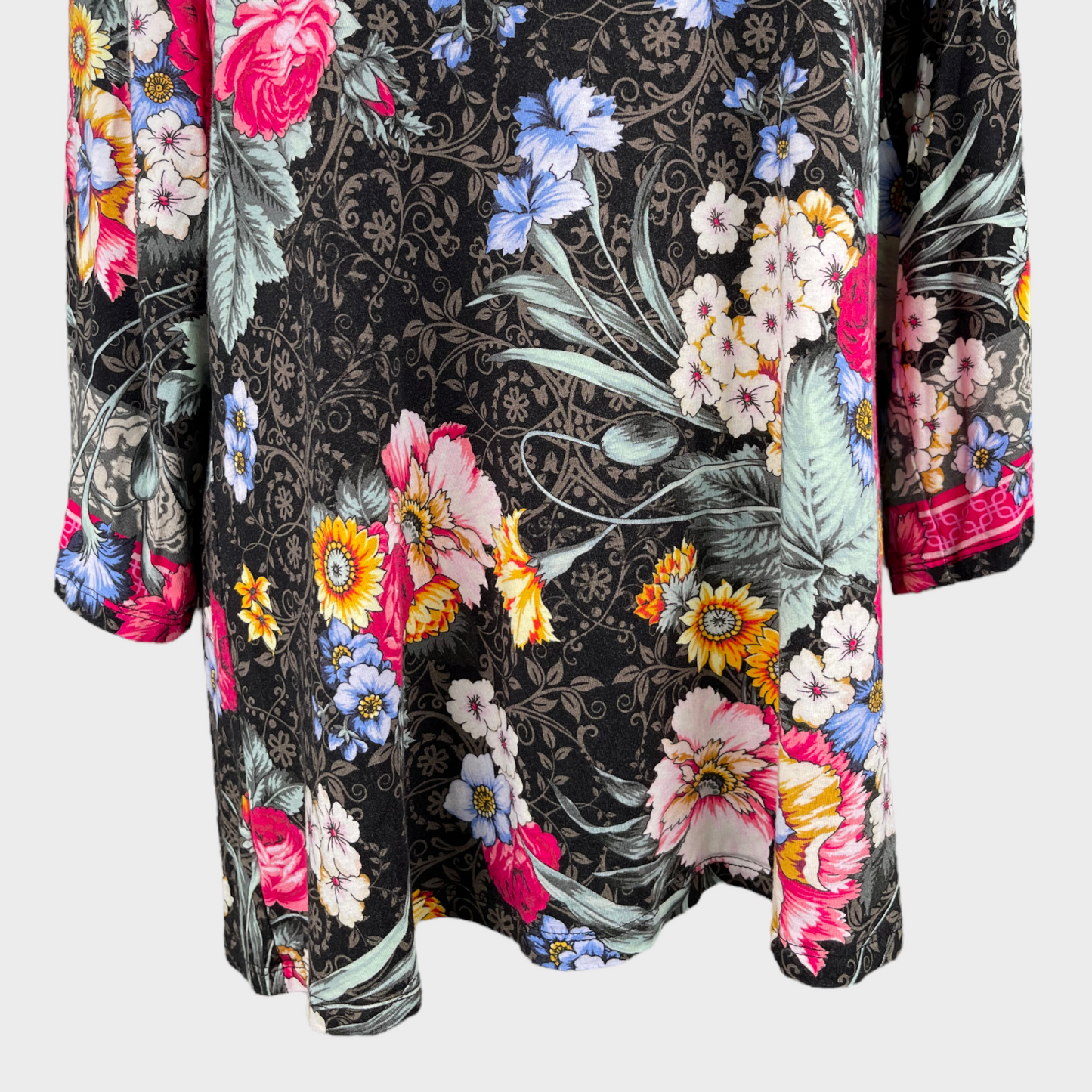 Johnny Was The Onyx Sistine Floral Black Puff Sleeve Bamboo Shirt Top Size Large