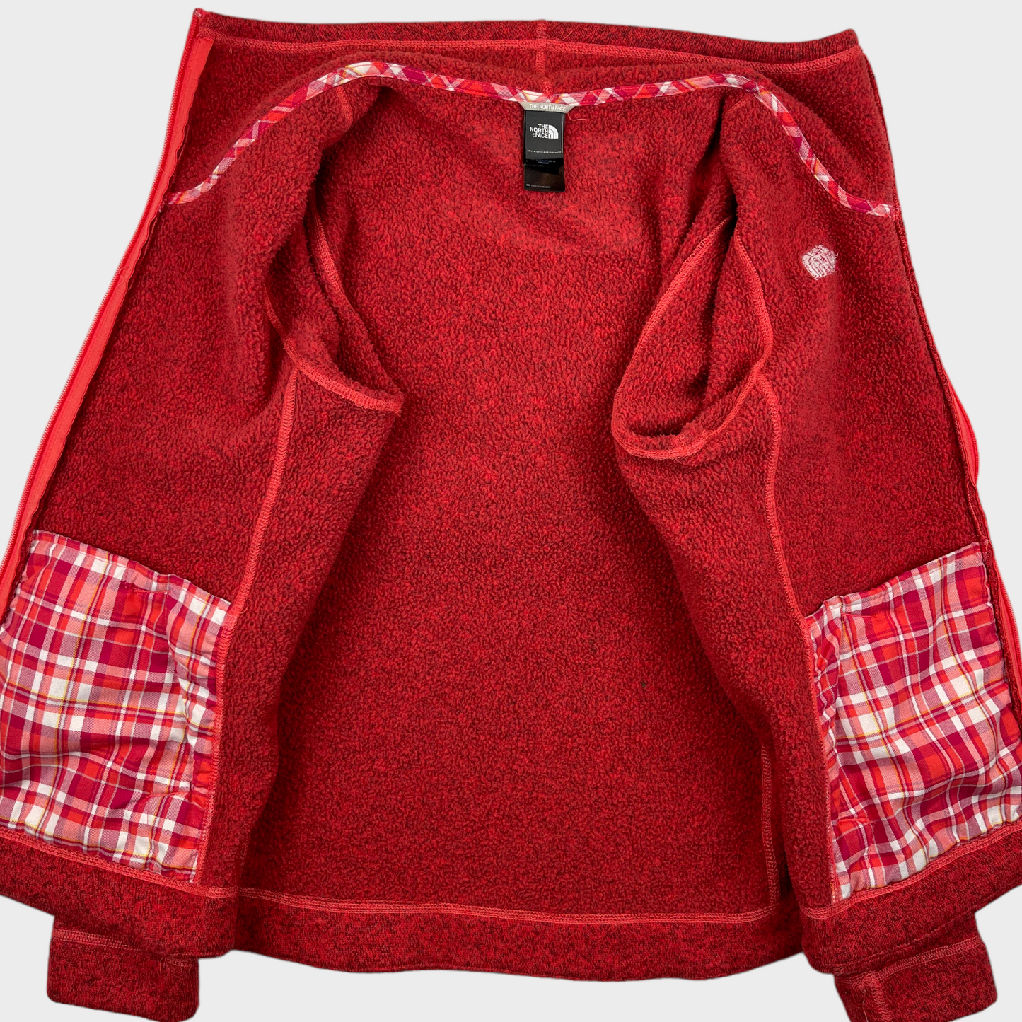 The North Face Maggy Zip Sweater Fleece Jacket Red Plaid Pockets Size Women's Large