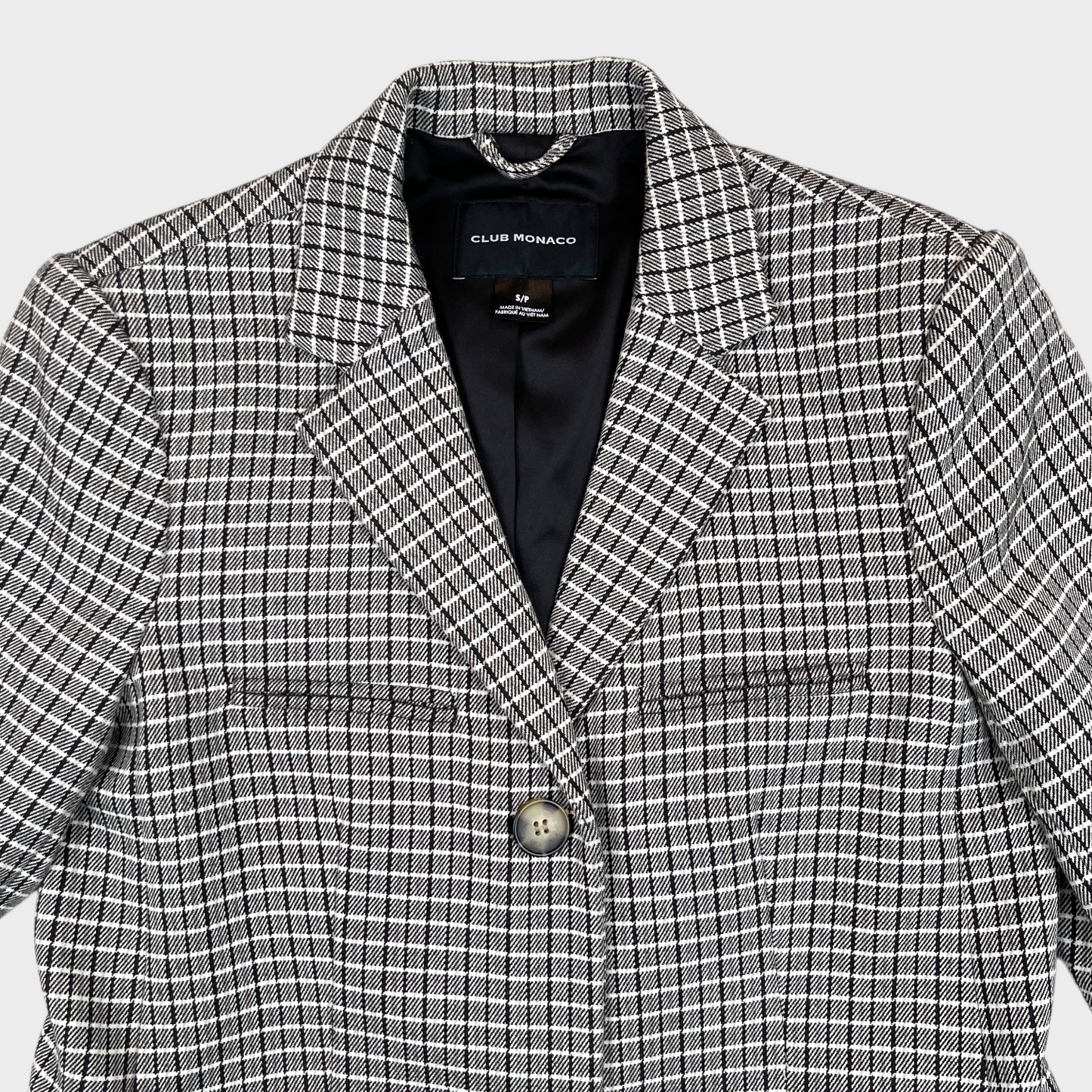 Club Monaco Plaid Checkered Three-Button Coat in Grey/Black/White Women's Small