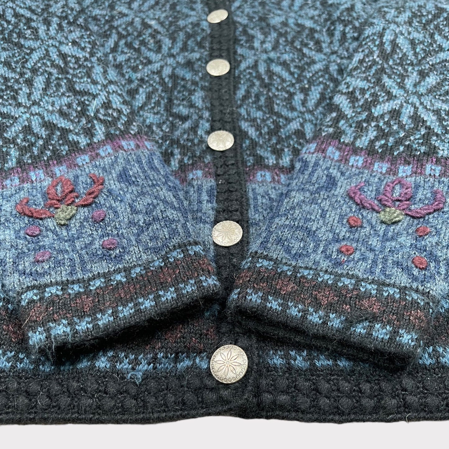 Caamano Alpaca Hand Knit Cardigan Floral Blue Embroidered Limited Edition Sweater Women's Size M