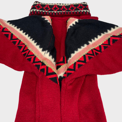 Chevron Geometric Fair Isle Turtleneck Red Black 3/4 Sleeve Holiday Knit Sweater S/M