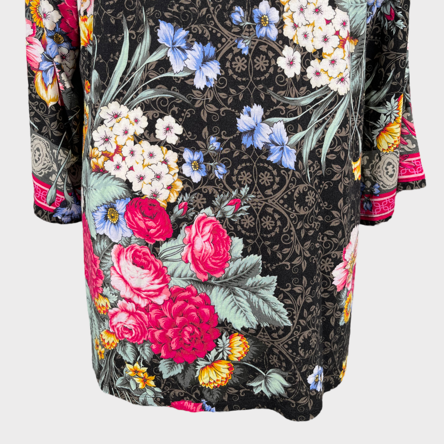 Johnny Was The Onyx Sistine Floral Black Puff Sleeve Bamboo Shirt Top Size Large