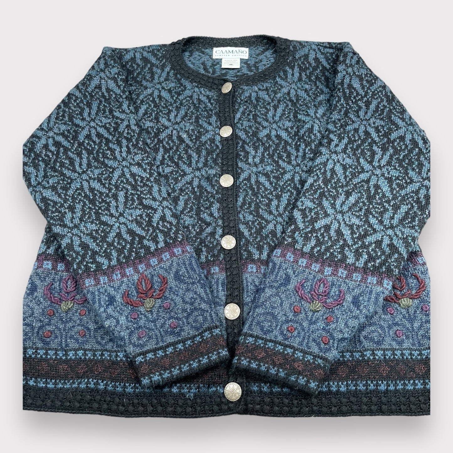 Caamano Alpaca Hand Knit Cardigan Floral Blue Embroidered Limited Edition Sweater Women's Size M