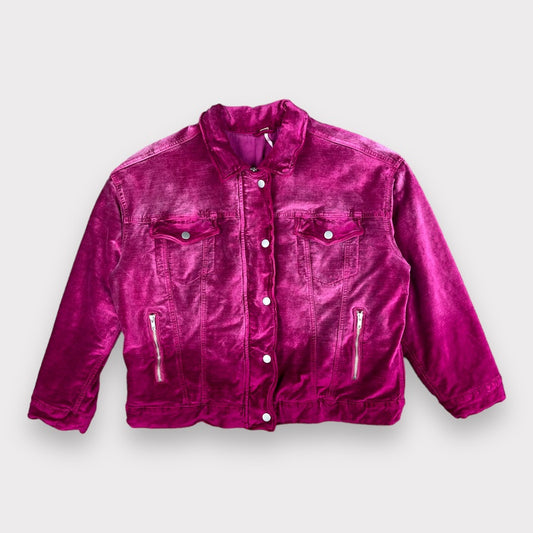 Free People Velvet Trucker Pink Oversized 70s Jacket Zipper Snap Women's Size M/L