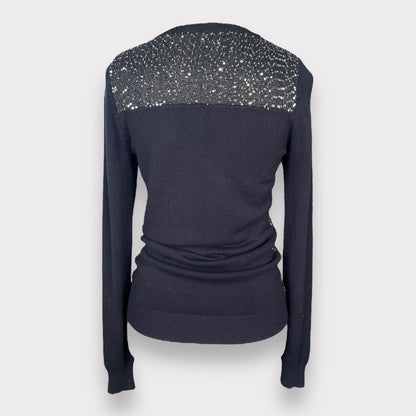Reiss Women's Leele Black Sequin 80s Vintage Long Sleeve V-Neck Sweater Size XS
