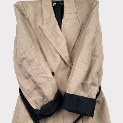 NWOT Zara Camel Striped Blazer Tassel Belted Jacket Women's Size M