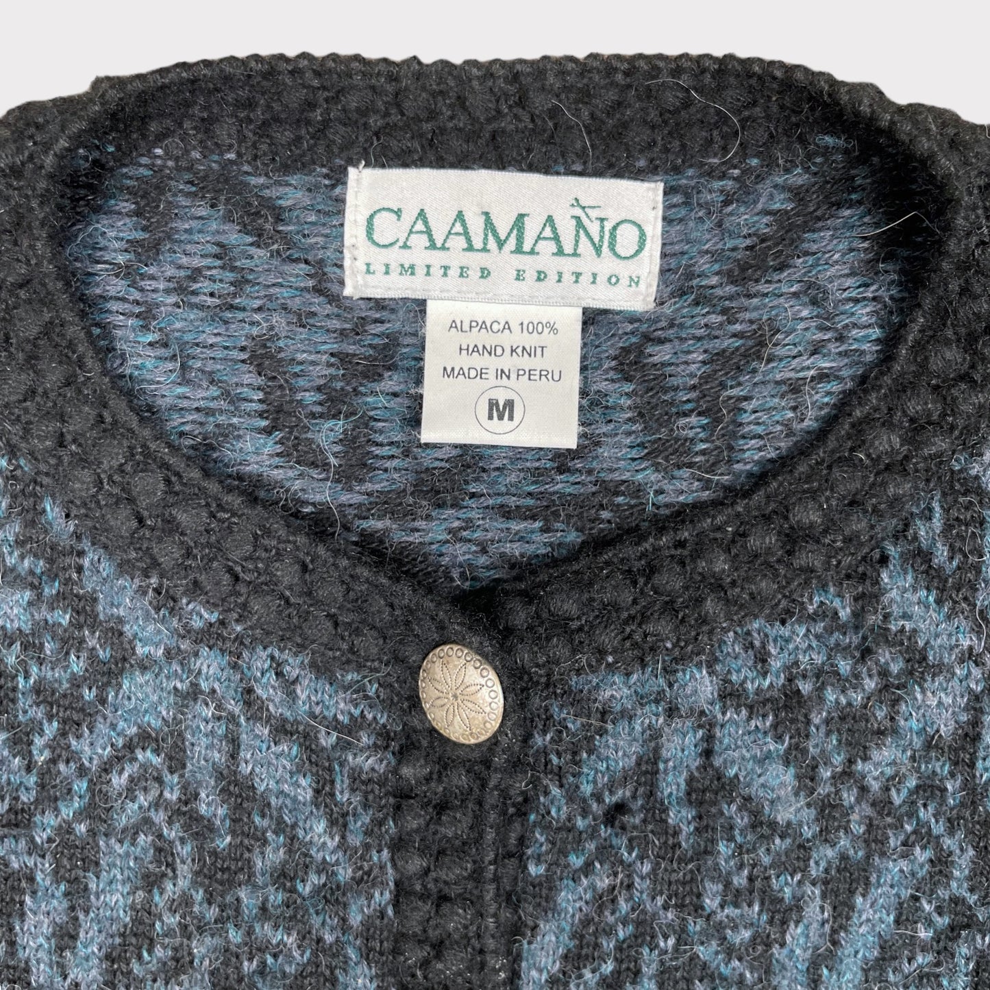 Caamano Alpaca Hand Knit Cardigan Floral Blue Embroidered Limited Edition Sweater Women's Size M