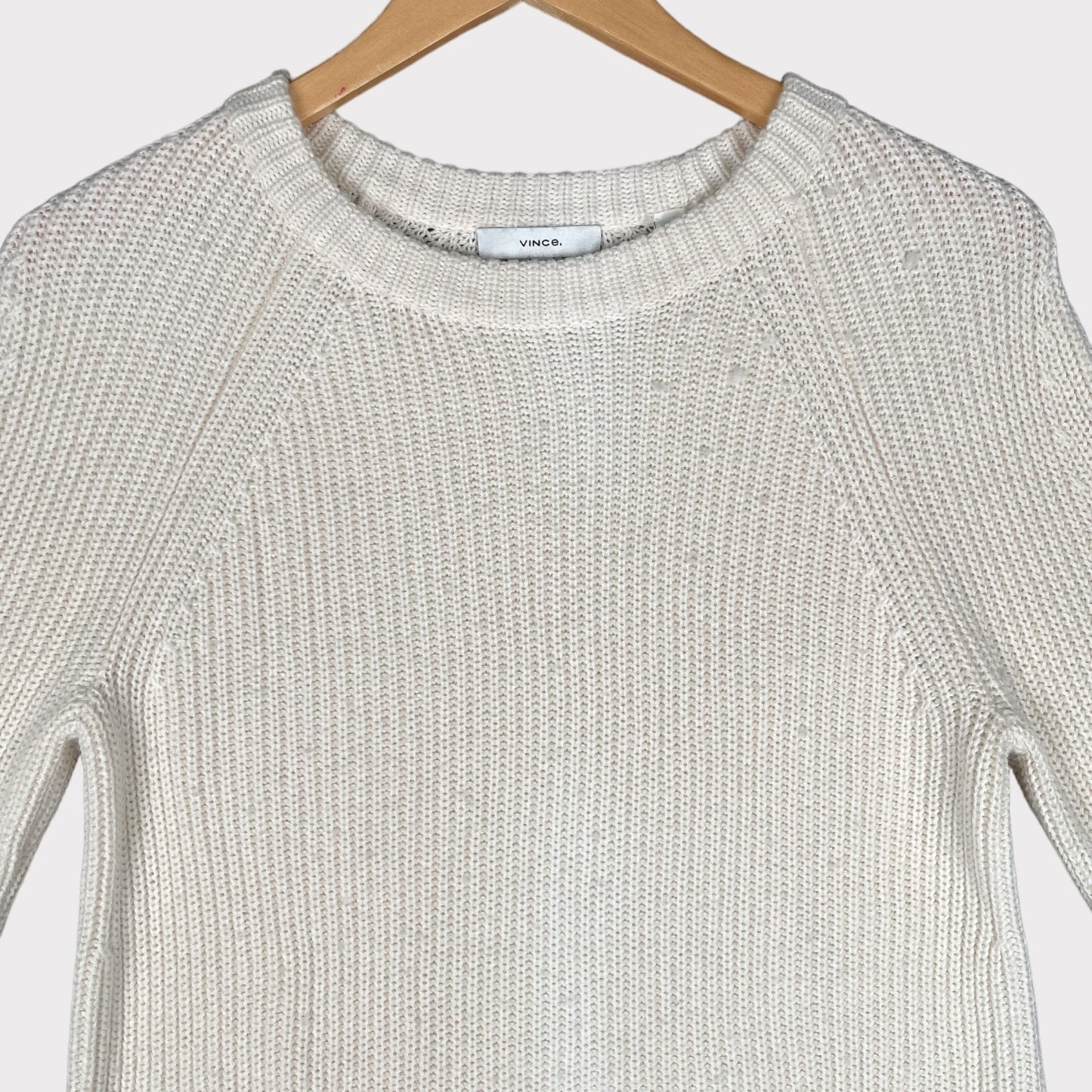 Vince Cashmere Shaker Rib Crewneck Knit Cream Sweater Pullover Long Sleeve Women's Size Small