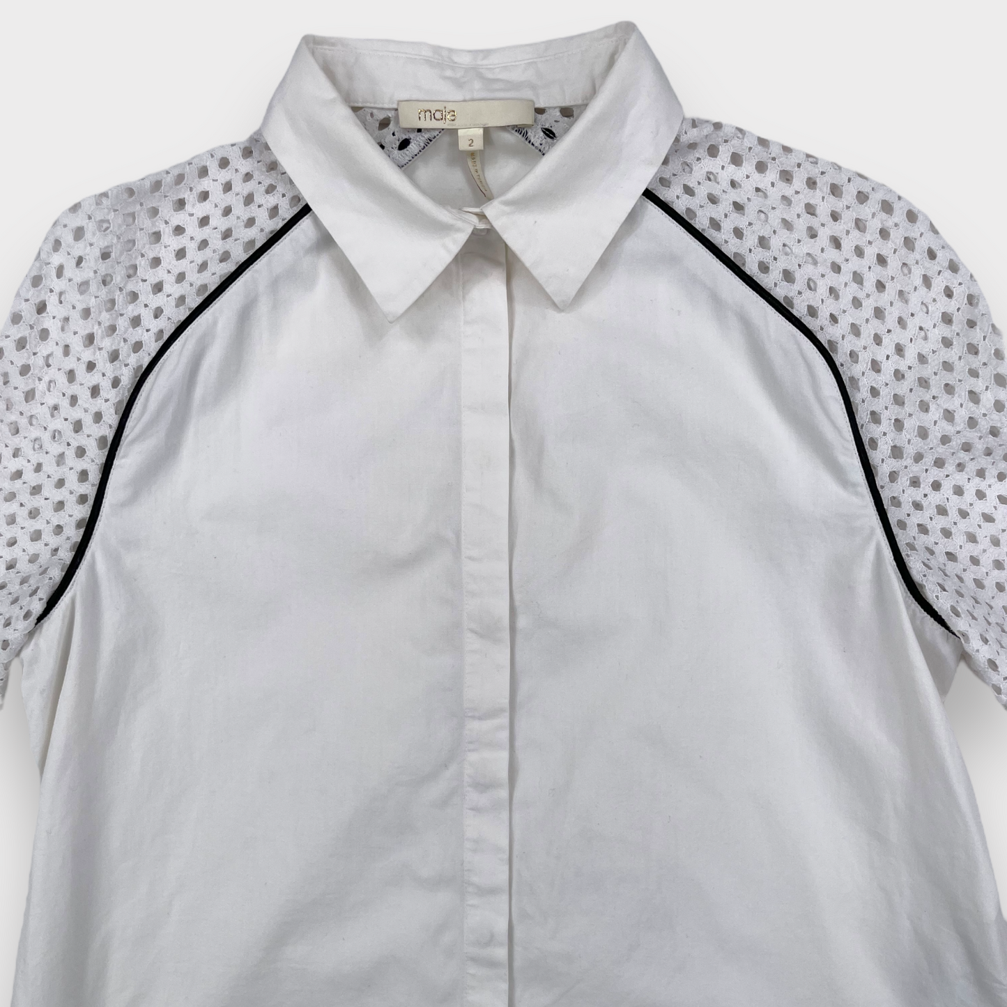 Maje Shirt Top Womens 2 Casey Eyelet Poplin White Button Up Short Sleeve