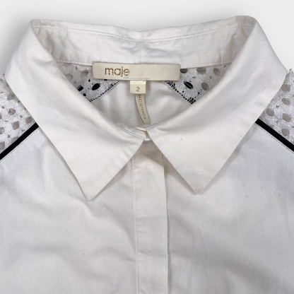 Maje Shirt Top Womens 2 Casey Eyelet Poplin White Button Up Short Sleeve