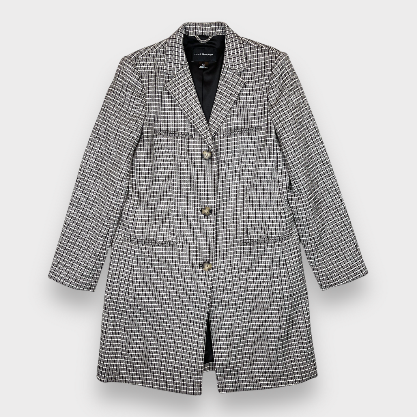 Club Monaco Plaid Checkered Three-Button Coat in Grey/Black/White Women's Small