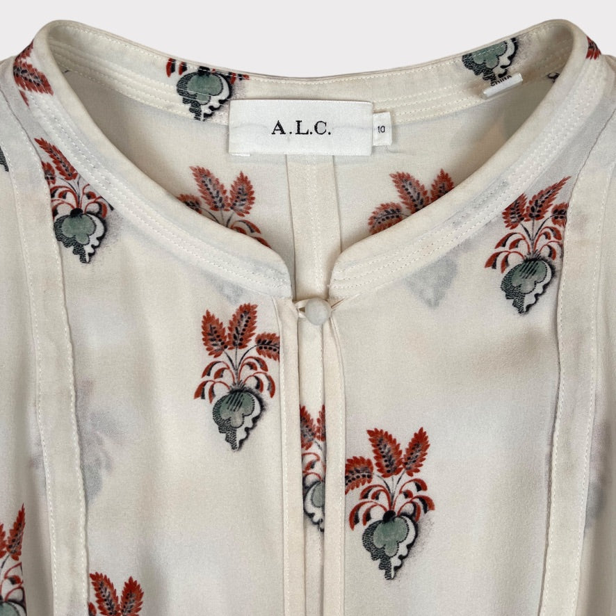 A.L.C Dasha Long Sleeve Printed White/Peach Silk Dress Women's Size 10