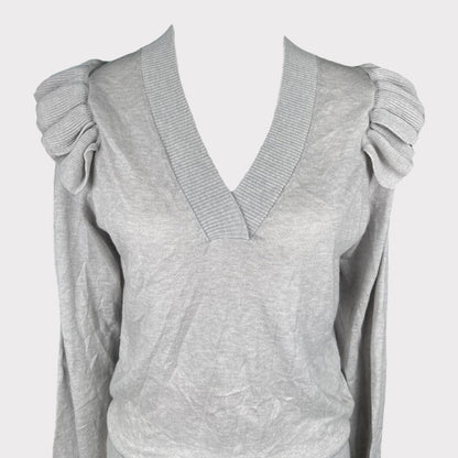 NWOT Brochu Walker Women's Anaise Vee Top Cashmere Ruffle Sweater Long sleeve in Oyster/Melange Grey Size XS