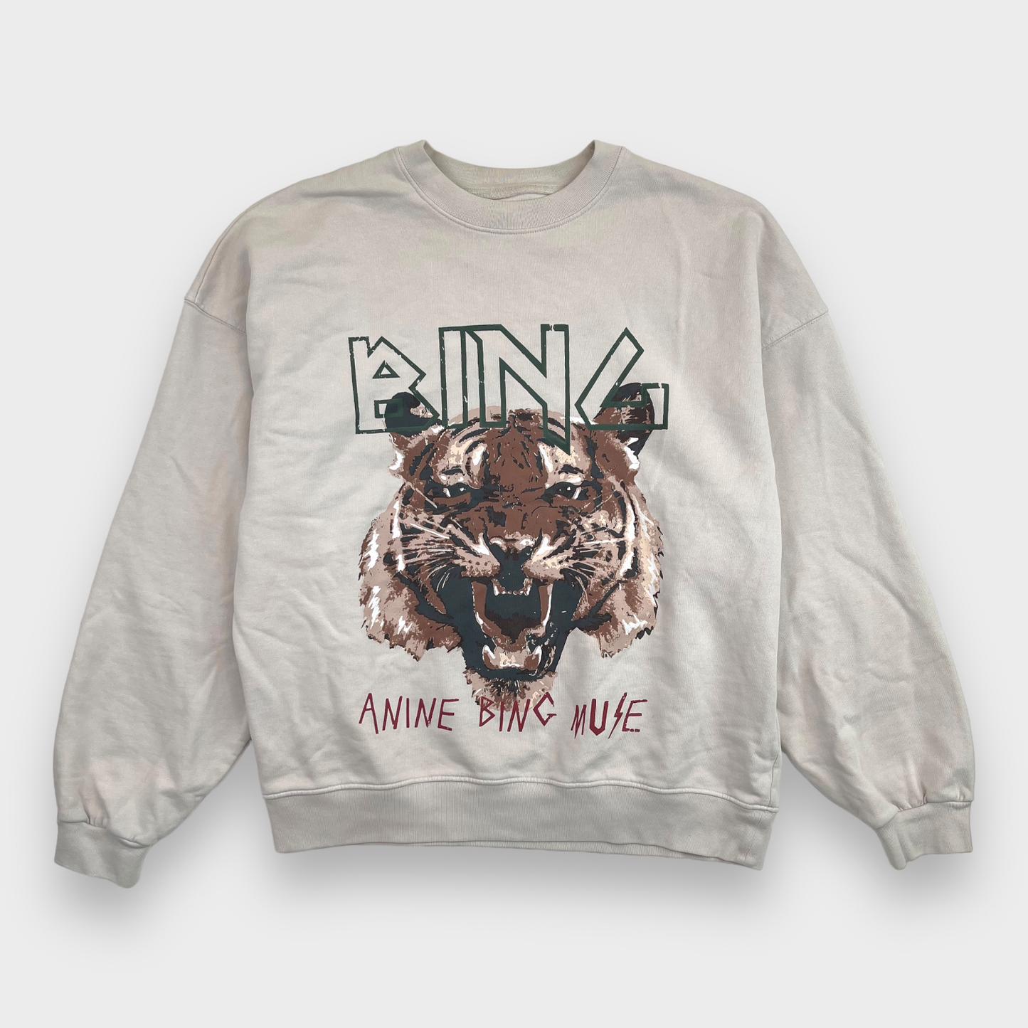 NWT ANINE BING Tiger Oversized Crewneck Sweatshirt Stone Women's Size Large