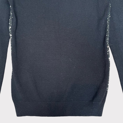 Reiss Women's Leele Black Sequin 80s Vintage Long Sleeve V-Neck Sweater Size XS