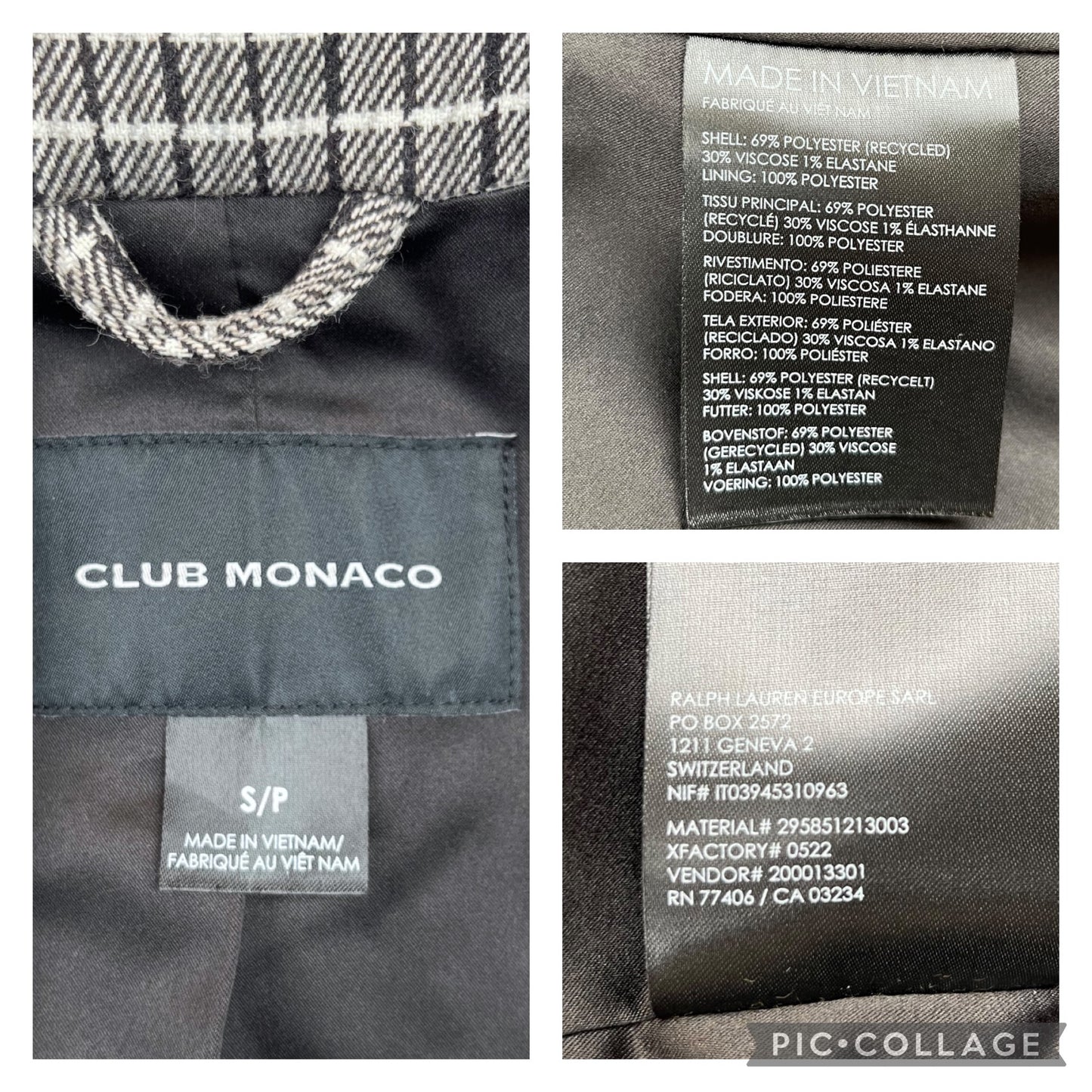 Club Monaco Plaid Checkered Three-Button Coat in Grey/Black/White Women's Small