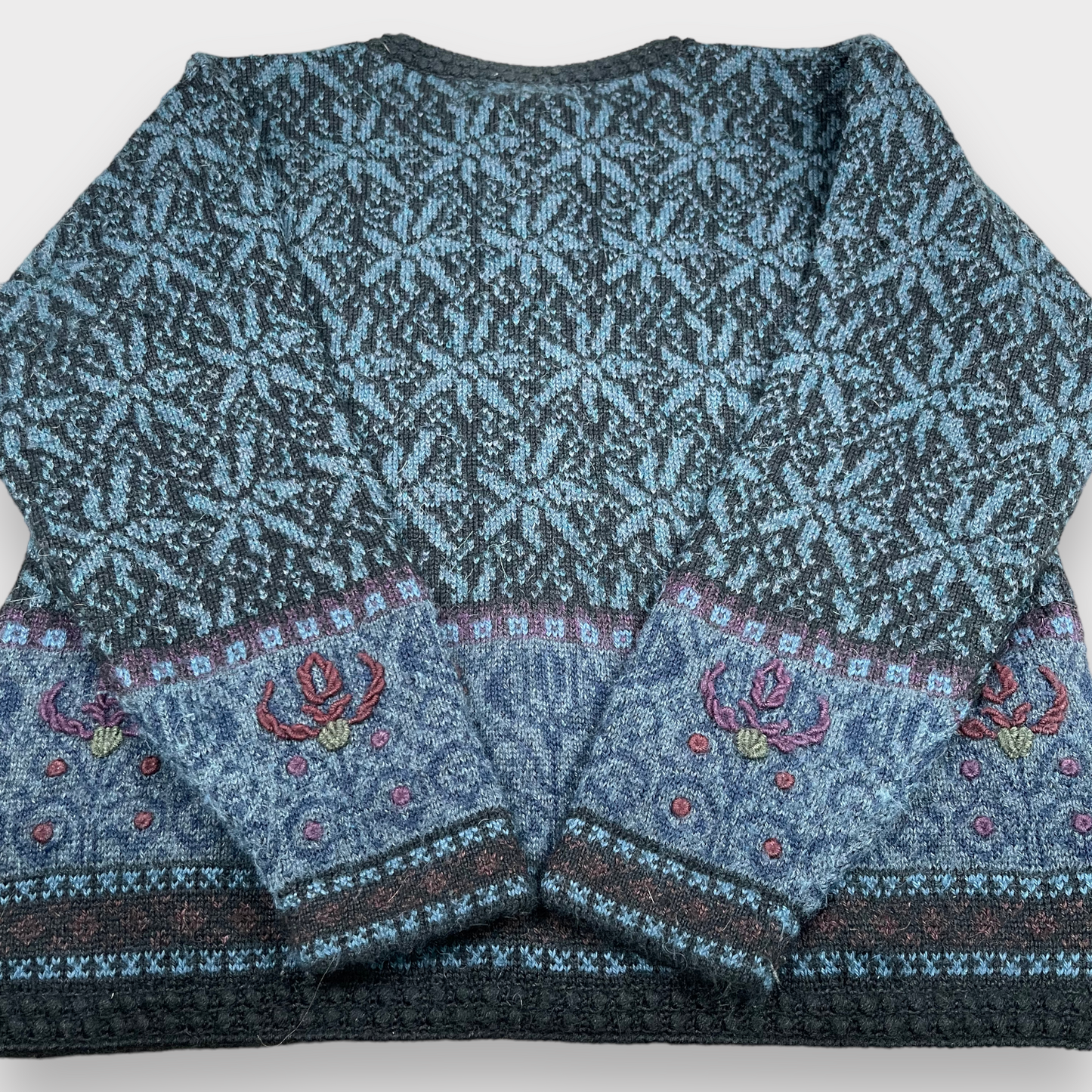 Caamano Alpaca Hand Knit Cardigan Floral Blue Embroidered Limited Edition Sweater Women's Size M