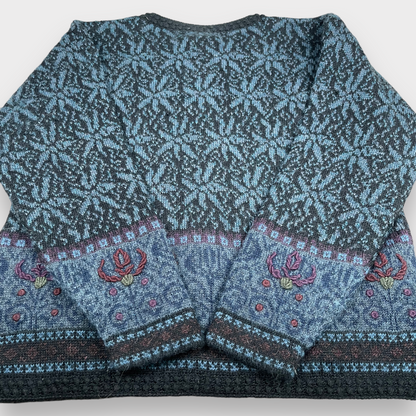 Caamano Alpaca Hand Knit Cardigan Floral Blue Embroidered Limited Edition Sweater Women's Size M