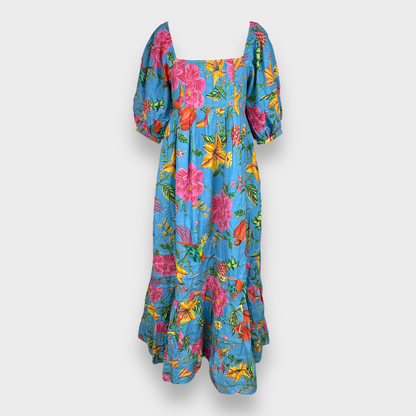 NWT FARM Rio Toucans Garden Midi Dress in Blue Women's Size XS