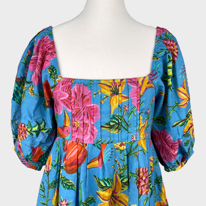 NWT FARM Rio Toucans Garden Midi Dress in Blue Women's Size XS